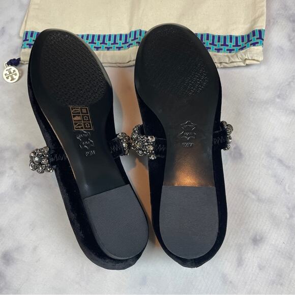 Tory Burch Crystal Strap Black Velvet Ballet Flats Mary Jane Sz 6.5 NWOB - Picture 7 of 9